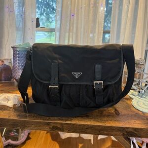 Authentic Prada Black Messenger Bag with Dual exterior zipper pockets over flap